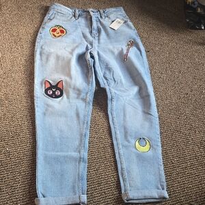 Hot Topic / Sailor Moon Light Blue Denim Jeans w EmbroideredPatches Juniors NWT
